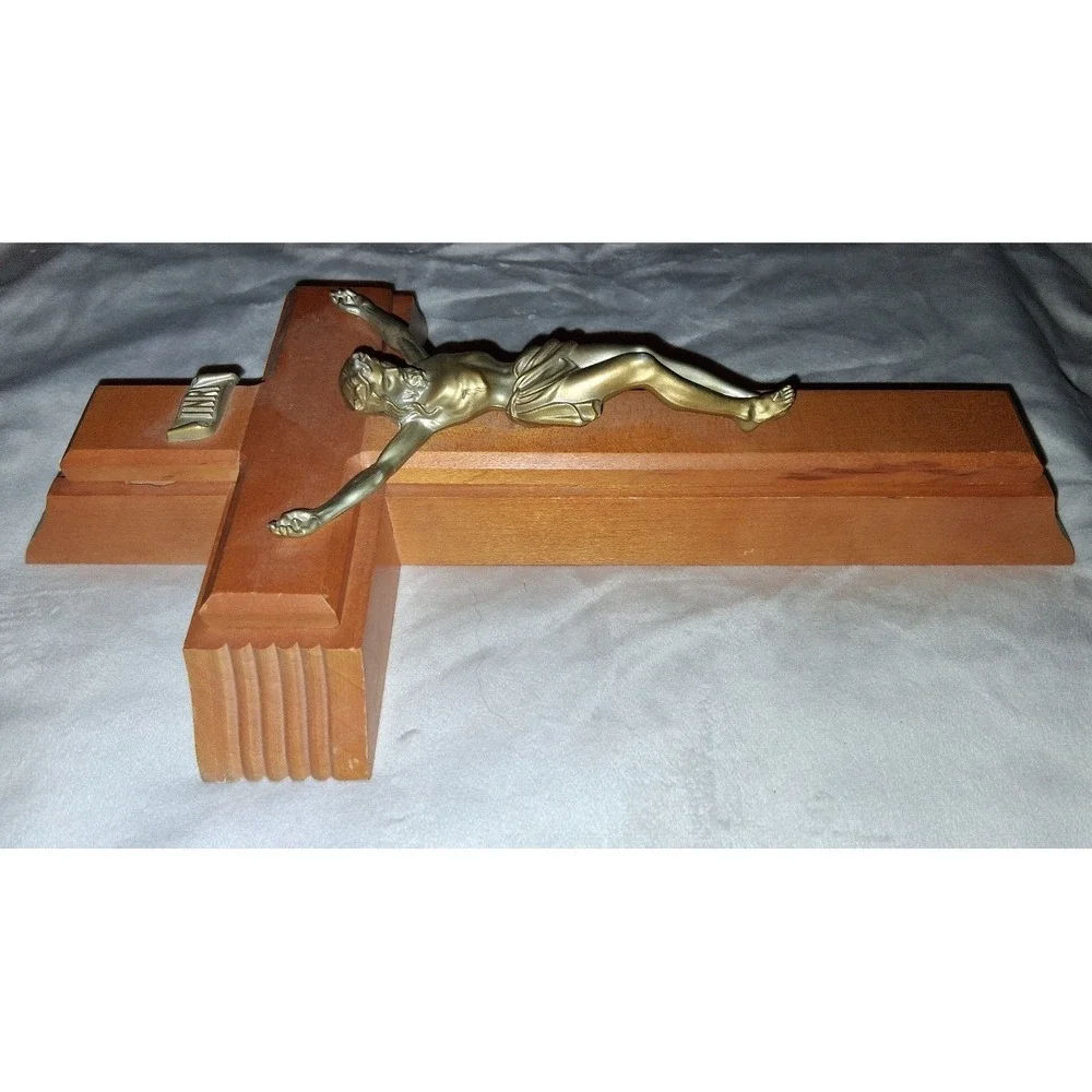 Vintage Catholic Sick Call Crucifix Set Wood Cross Holy Water Bottle Candles